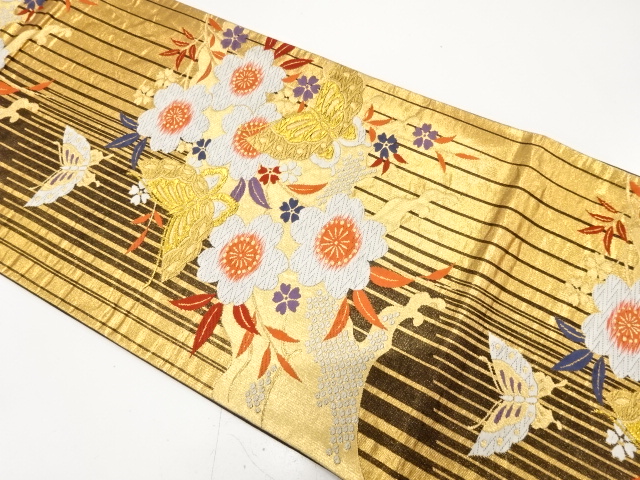 JAPANESE FUKURO OBI FOR FURISODE / WOVEN BUTTERFLY & SAKURA